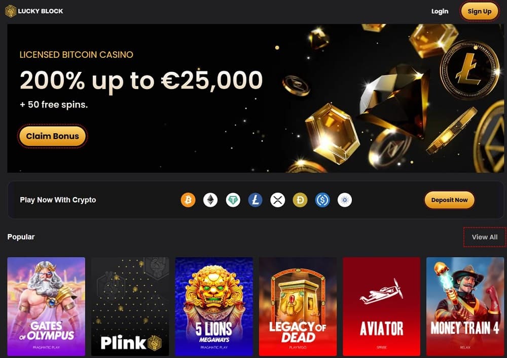 Lucky Block crypto casino with no KYC, instant withdrawals, and Bitcoin casino bonus